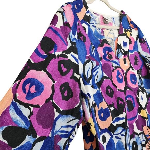 Hot Cotton Womens Linen Tunic Top Plus Size 1X Bright Watercolor Orchid Print - Picture 3 of 11